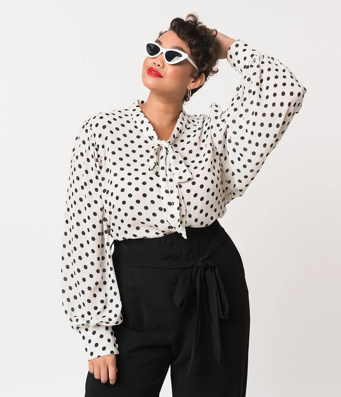 Unique Vintage Plus Size White & Black Polka Dot Crepe Neck Tie Gwen Blouse