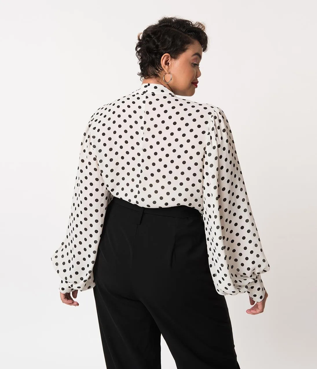 Unique Vintage Plus Size White & Black Polka Dot Crepe Neck Tie Gwen Blouse