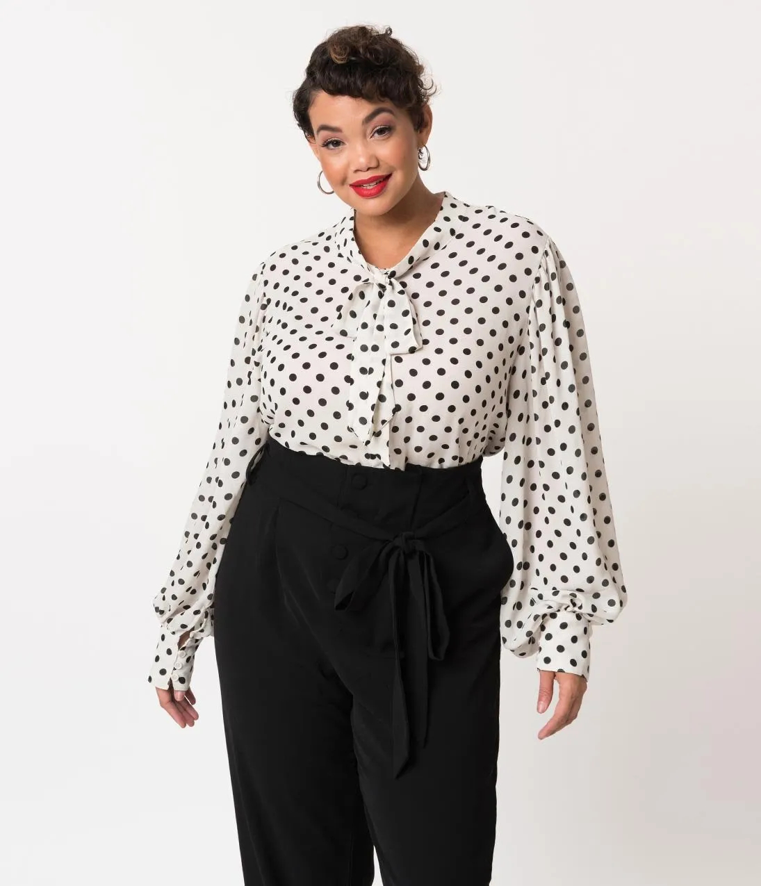 Unique Vintage Plus Size White & Black Polka Dot Crepe Neck Tie Gwen Blouse