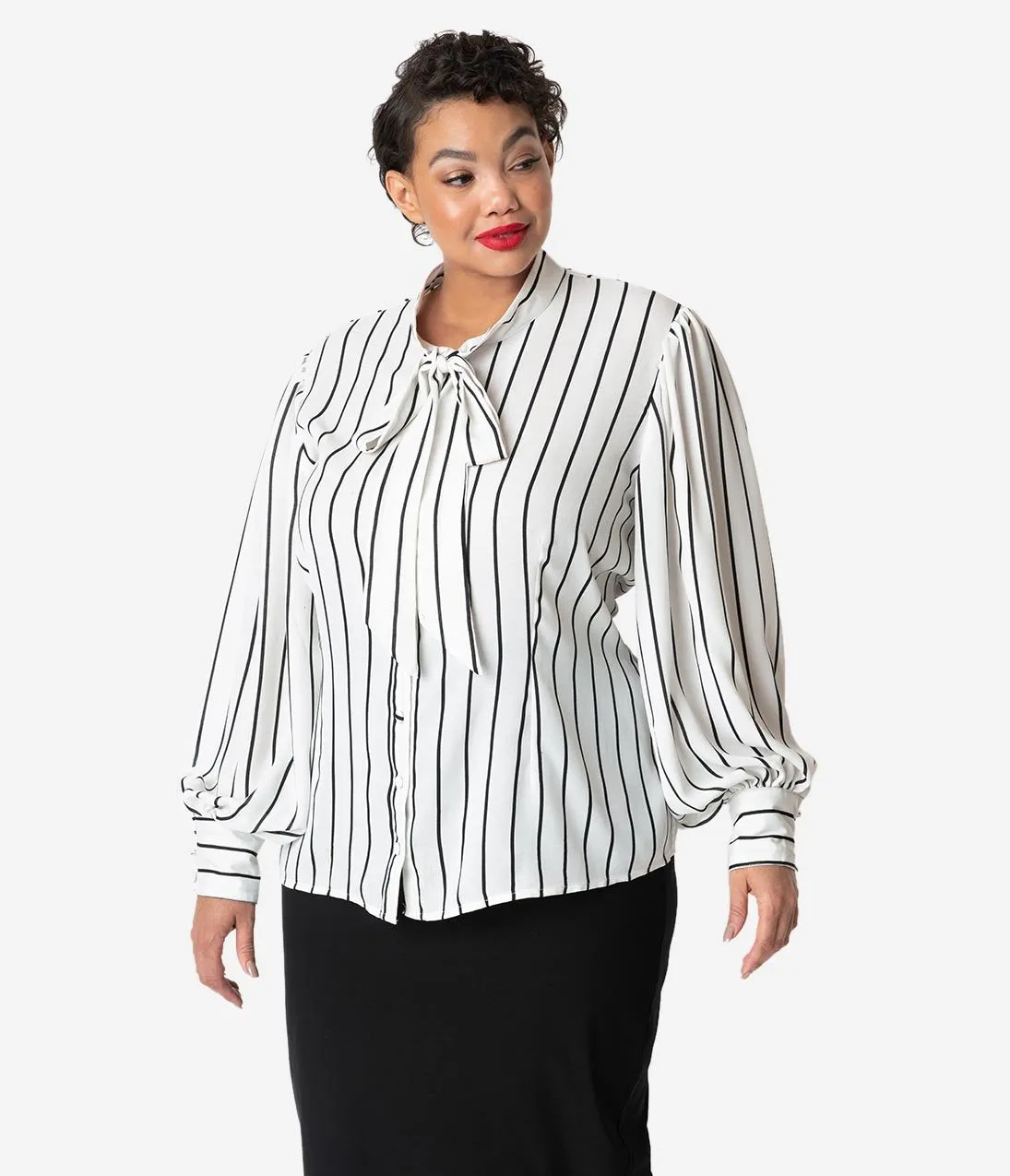 Unique Vintage Plus Size White & Black Stripe Crepe Neck Tie Gwen Blouse