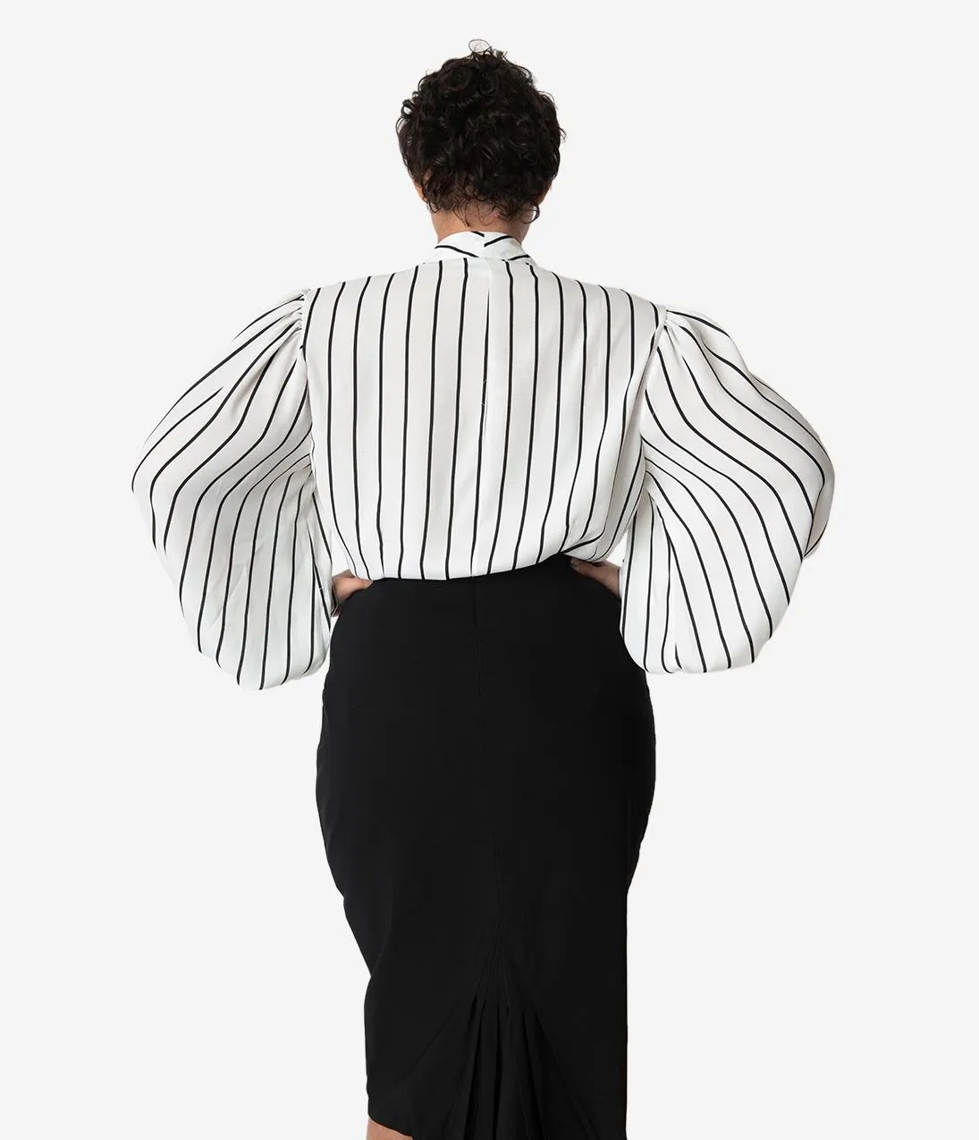 Unique Vintage Plus Size White & Black Stripe Crepe Neck Tie Gwen Blouse