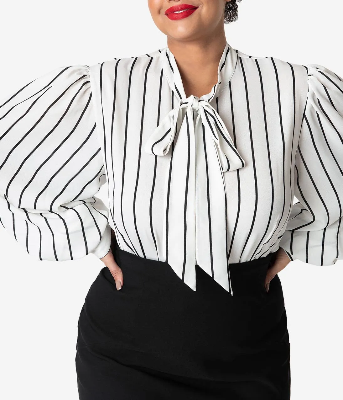 Unique Vintage Plus Size White & Black Stripe Crepe Neck Tie Gwen Blouse