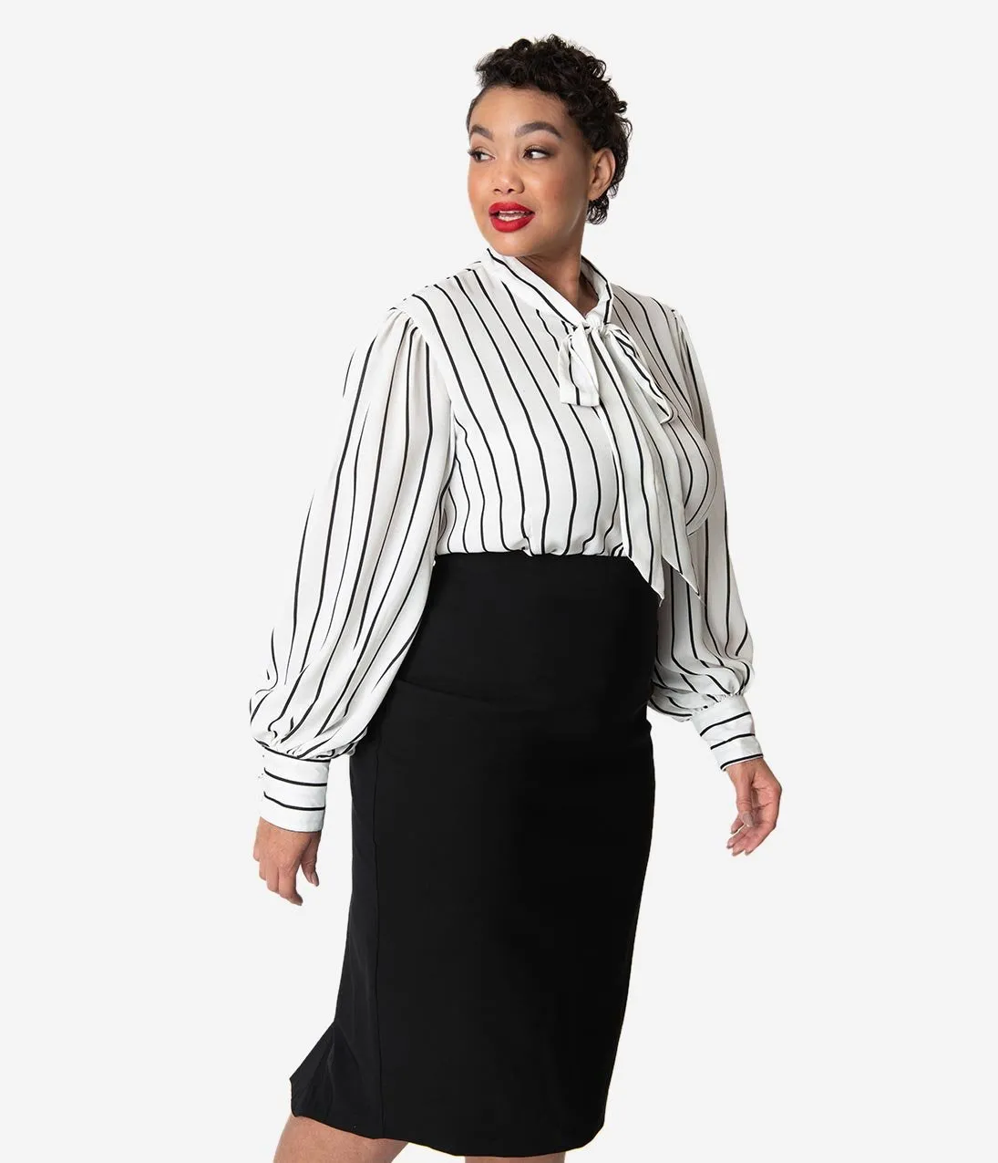 Unique Vintage Plus Size White & Black Stripe Crepe Neck Tie Gwen Blouse