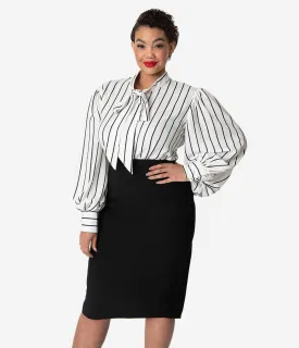 Unique Vintage Plus Size White & Black Stripe Crepe Neck Tie Gwen Blouse