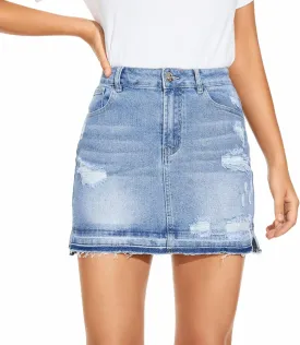 VIPONES Women Denim Skirt High Waist Raw Hem Stretch Ripped Casual Mini Jean Skirts