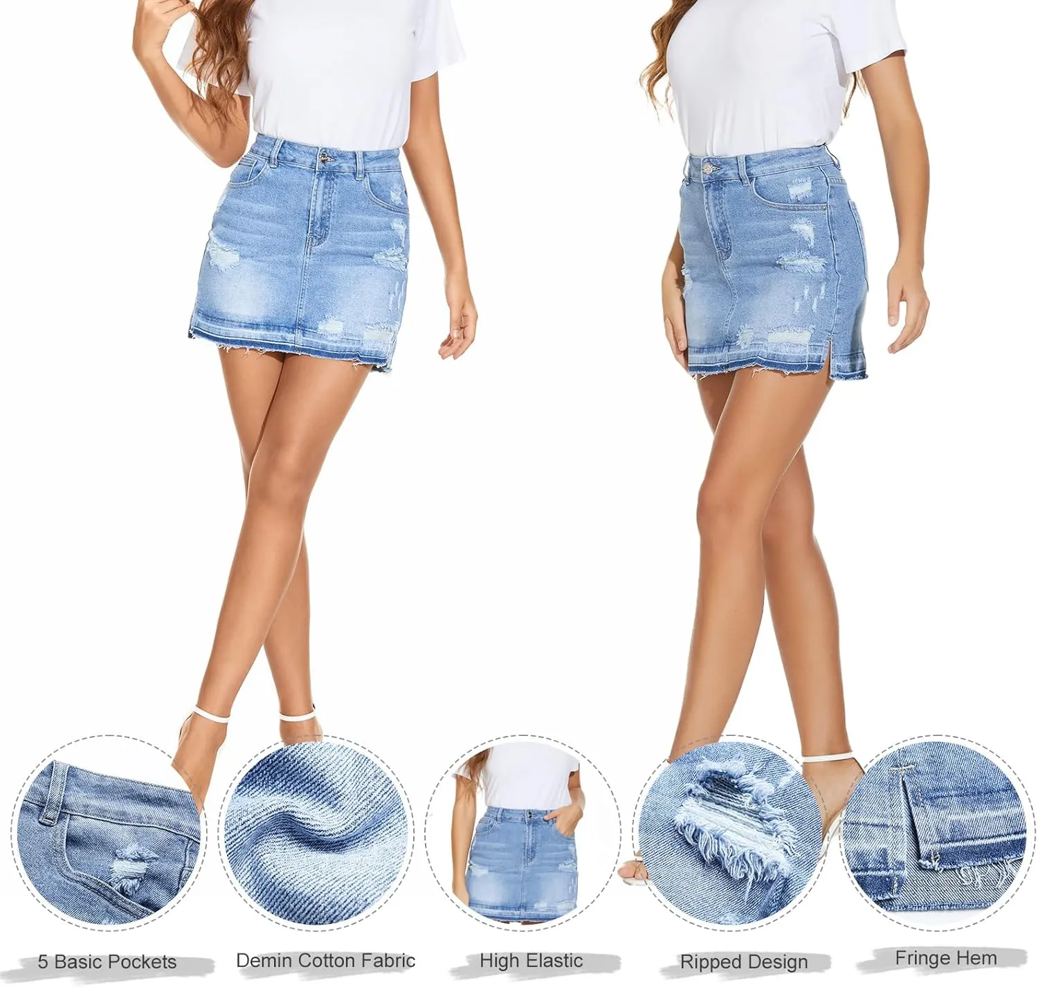 VIPONES Women Denim Skirt High Waist Raw Hem Stretch Ripped Casual Mini Jean Skirts