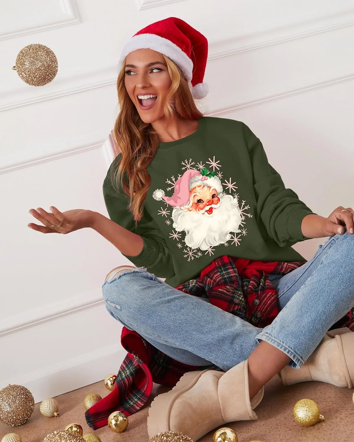 VVNTY Christmas Sweatshirts for Women Retro Santa Claus Graphic Long Sleeve Shirt Xmas Pullover Tops
