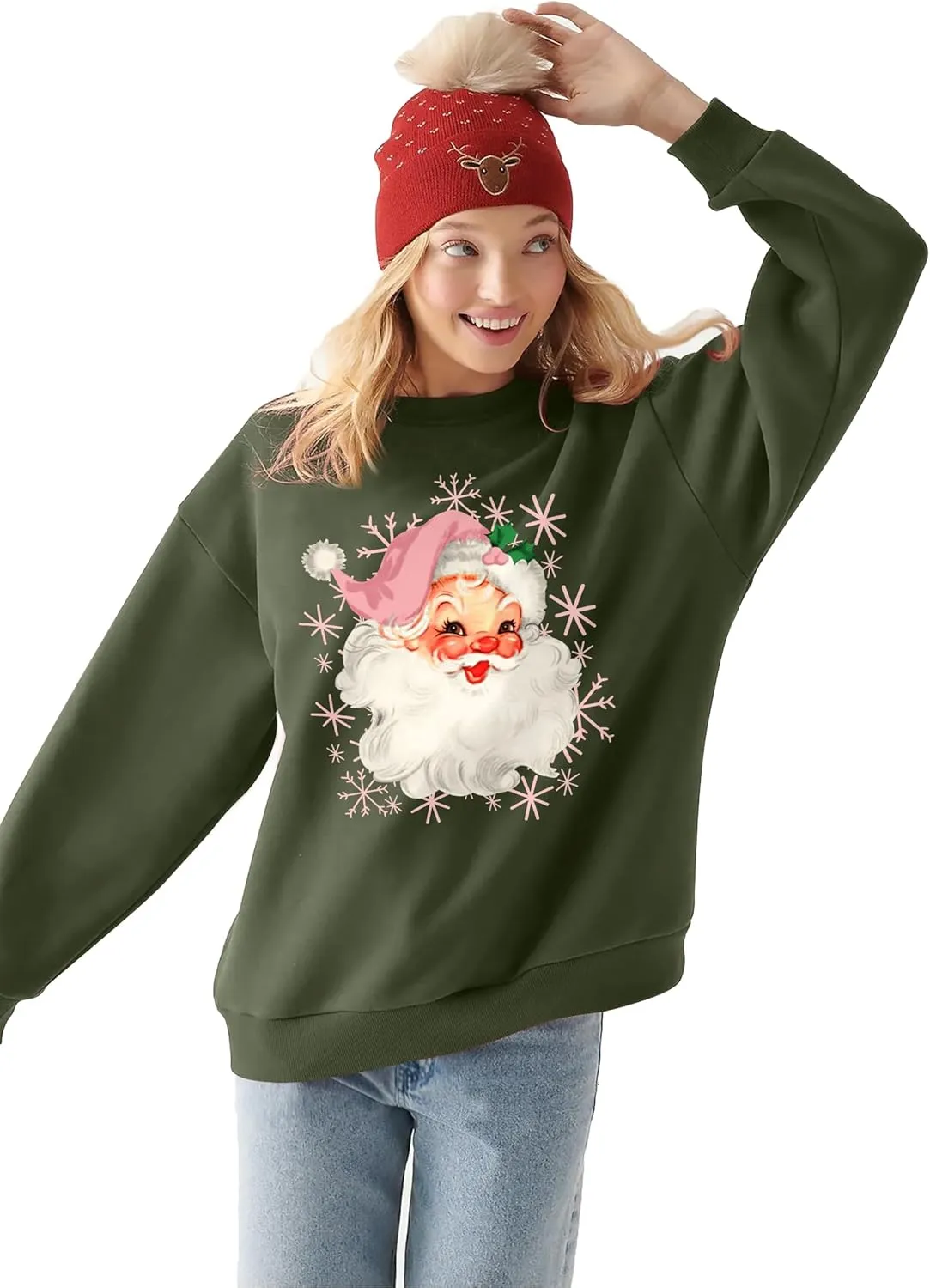 VVNTY Christmas Sweatshirts for Women Retro Santa Claus Graphic Long Sleeve Shirt Xmas Pullover Tops