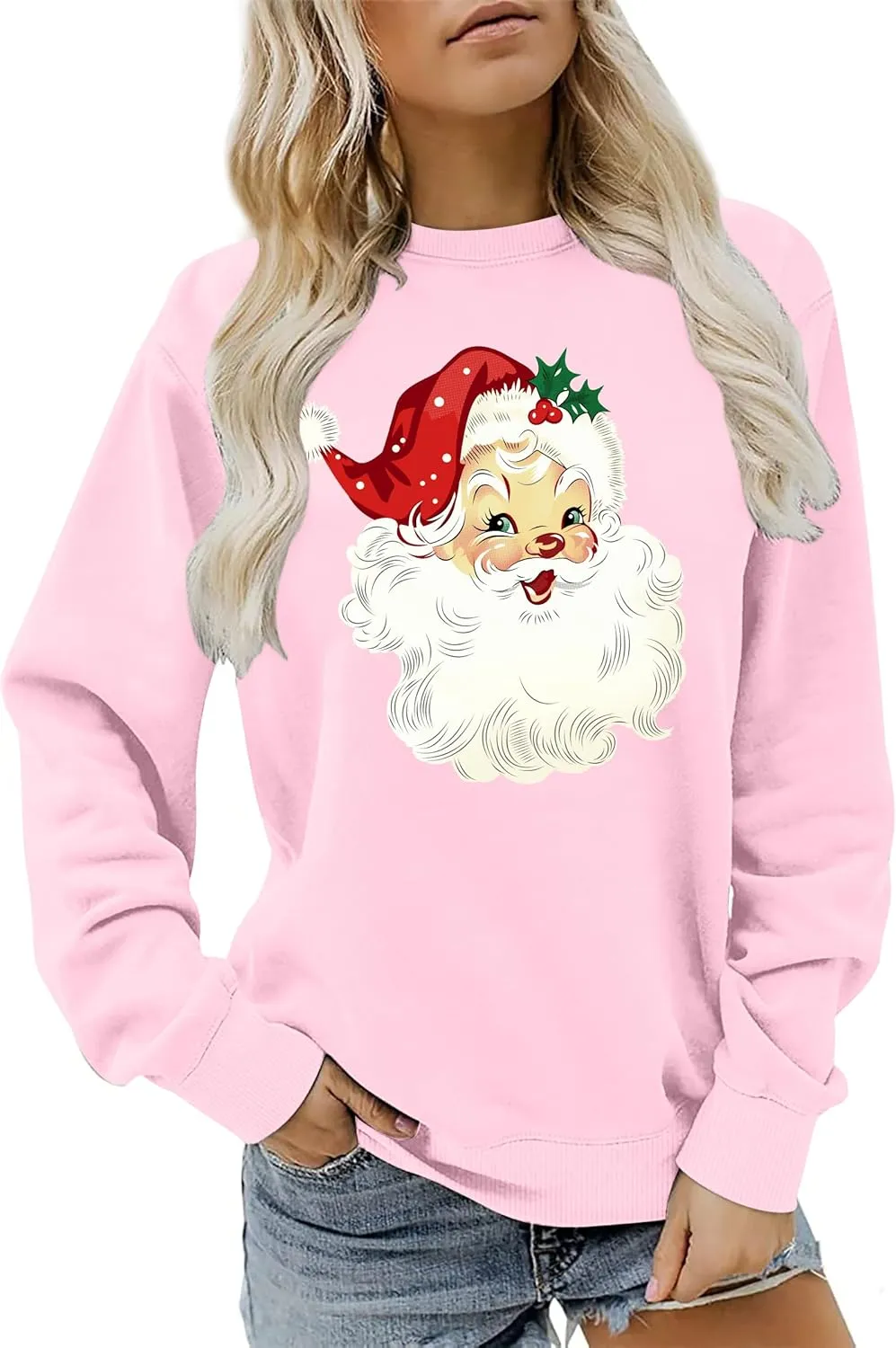 VVNTY Christmas Sweatshirts for Women Retro Santa Claus Graphic Long Sleeve Shirt Xmas Pullover Tops