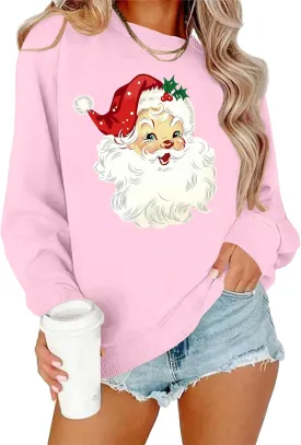 VVNTY Christmas Sweatshirts for Women Retro Santa Claus Graphic Long Sleeve Shirt Xmas Pullover Tops