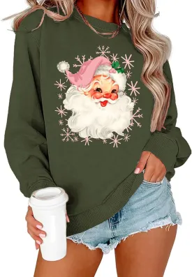 VVNTY Christmas Sweatshirts for Women Retro Santa Claus Graphic Long Sleeve Shirt Xmas Pullover Tops