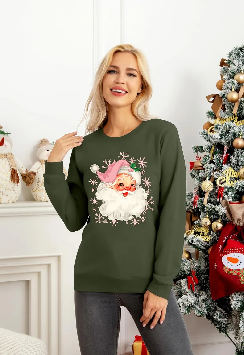 VVNTY Christmas Sweatshirts for Women Retro Santa Claus Graphic Long Sleeve Shirt Xmas Pullover Tops