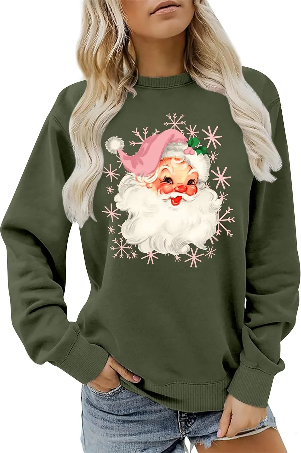 VVNTY Christmas Sweatshirts for Women Retro Santa Claus Graphic Long Sleeve Shirt Xmas Pullover Tops