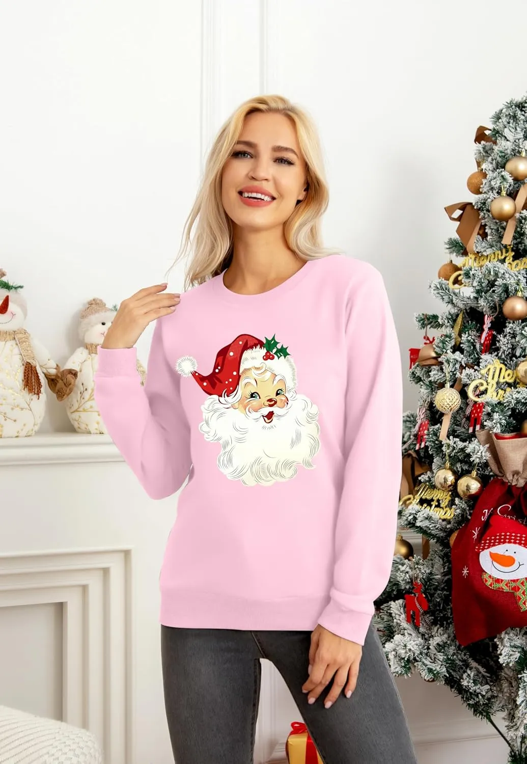VVNTY Christmas Sweatshirts for Women Retro Santa Claus Graphic Long Sleeve Shirt Xmas Pullover Tops