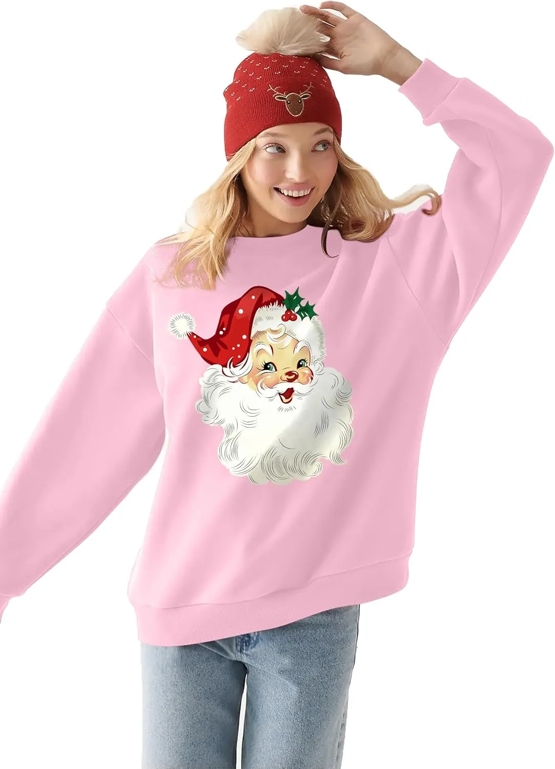 VVNTY Christmas Sweatshirts for Women Retro Santa Claus Graphic Long Sleeve Shirt Xmas Pullover Tops
