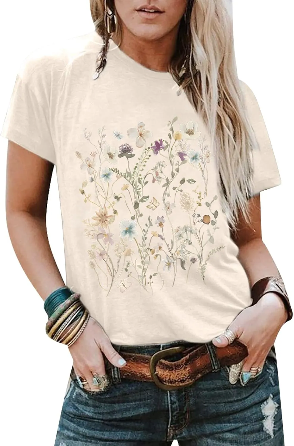 Wildflower Shirt Women Floral Boho Daisy Nature Butterfly Printed Graphic Tees Tops Garden Botanical Flowers Lover T Shirts