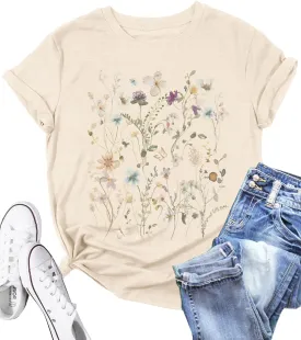 Wildflower Shirt Women Floral Boho Daisy Nature Butterfly Printed Graphic Tees Tops Garden Botanical Flowers Lover T Shirts