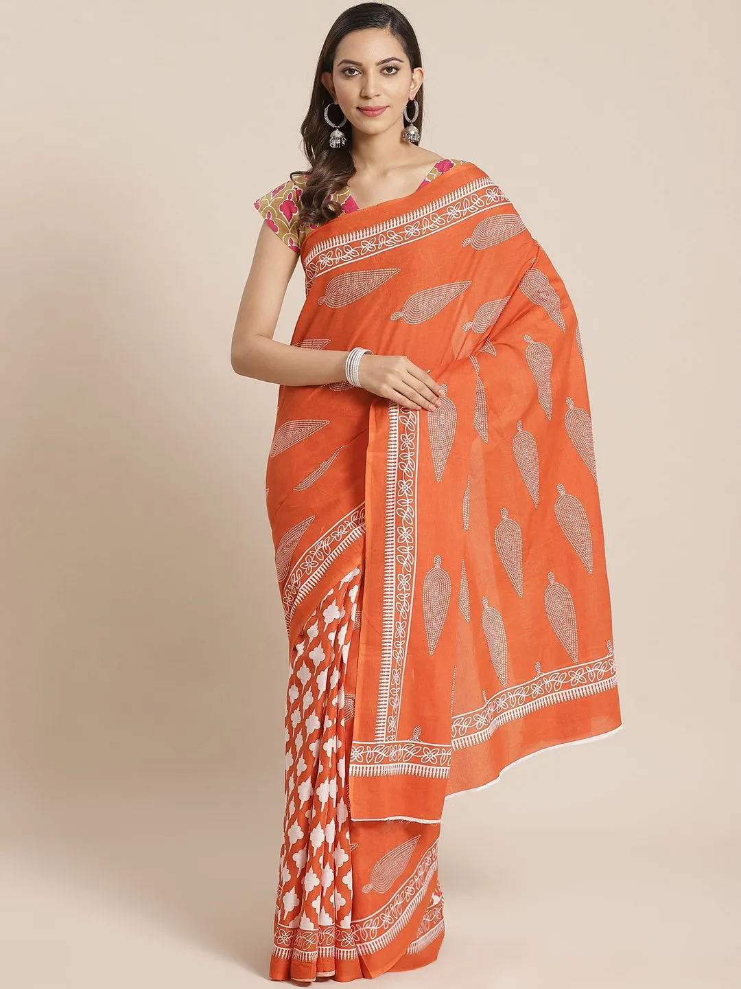 Wome Orange And White Ethnic Printed Saree With Atteched Blouse Piece