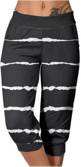 Women Irregular Striped Capris Pant Summer High Elastic Gaucho Sweatpants Side Pocket Yoga Trouser Lightweight Pants