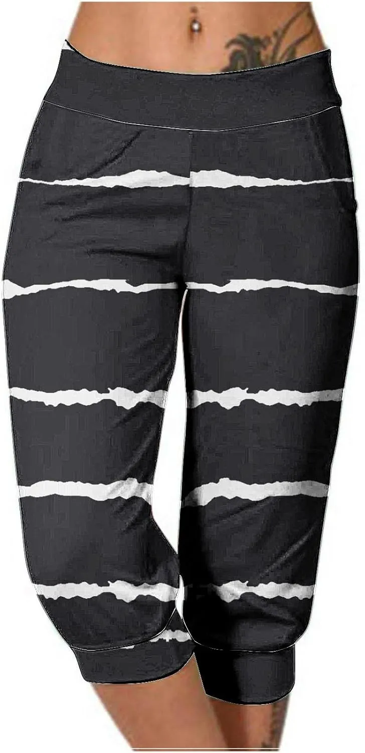 Women Irregular Striped Capris Pant Summer High Elastic Gaucho Sweatpants Side Pocket Yoga Trouser Lightweight Pants