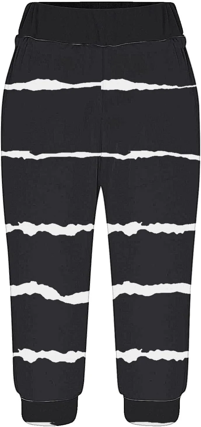 Women Irregular Striped Capris Pant Summer High Elastic Gaucho Sweatpants Side Pocket Yoga Trouser Lightweight Pants