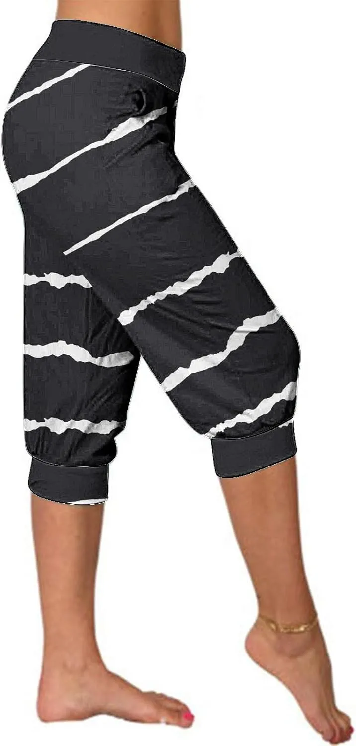 Women Irregular Striped Capris Pant Summer High Elastic Gaucho Sweatpants Side Pocket Yoga Trouser Lightweight Pants