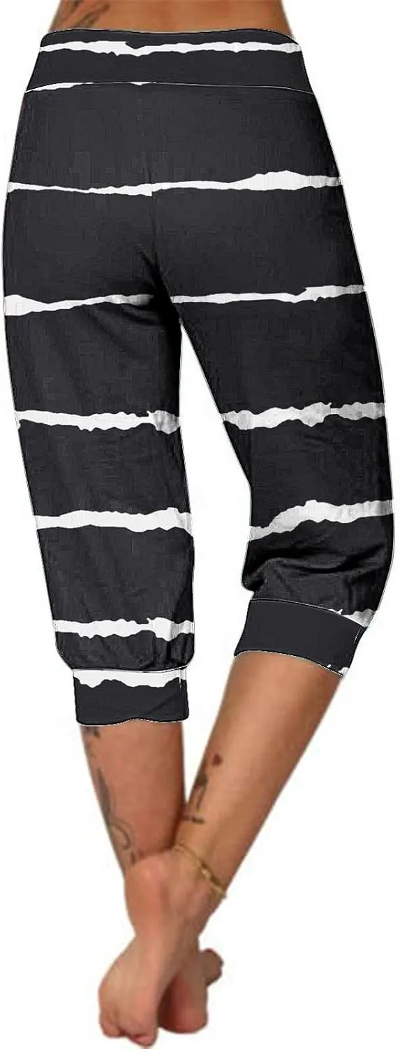 Women Irregular Striped Capris Pant Summer High Elastic Gaucho Sweatpants Side Pocket Yoga Trouser Lightweight Pants