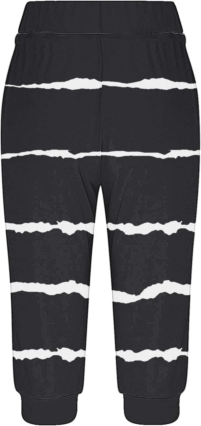 Women Irregular Striped Capris Pant Summer High Elastic Gaucho Sweatpants Side Pocket Yoga Trouser Lightweight Pants