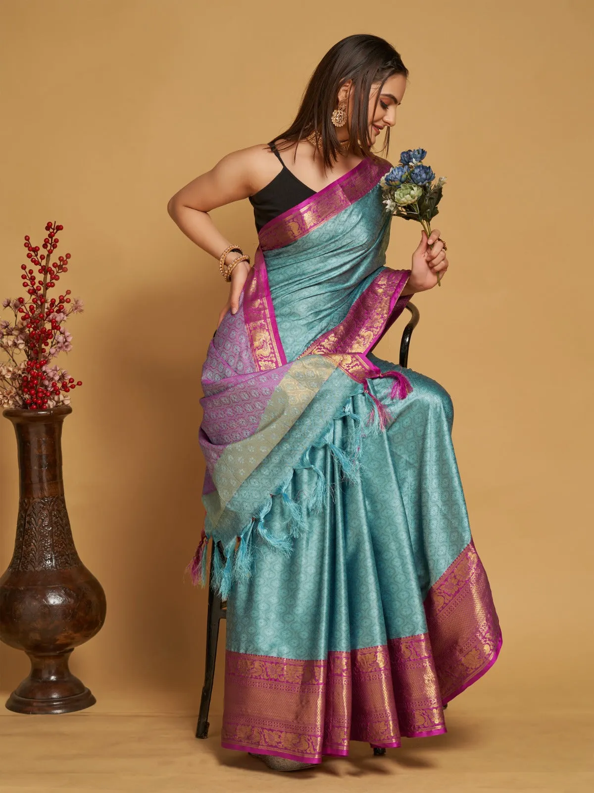 Women Party Wear Designer Sky Blue Colour Banarasi Silk Saree Collection
