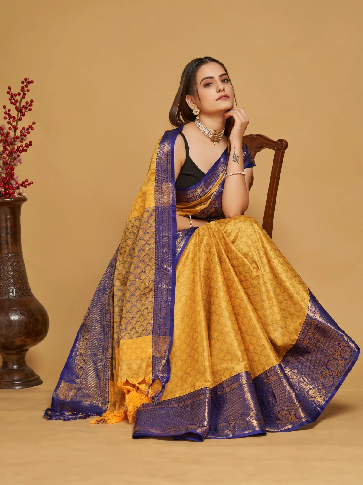 Women Party Wear Designer Yellow Colour Banarasi Silk Saree Collection