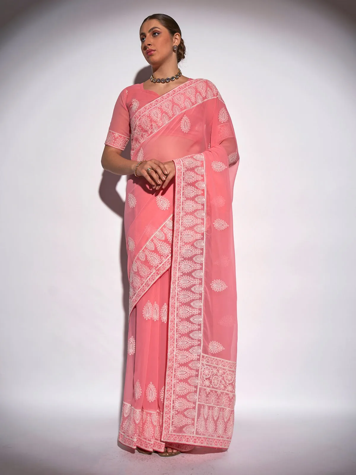 Women Party Wear Embroidery Worked Saree with Un Stitched Blouse