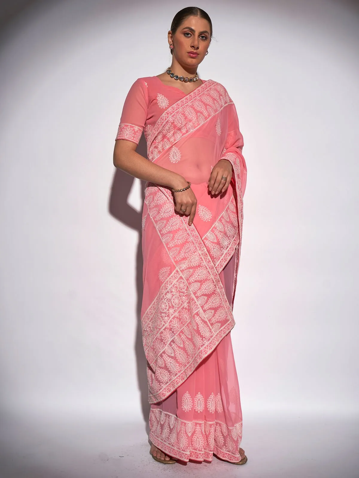 Women Party Wear Embroidery Worked Saree with Un Stitched Blouse