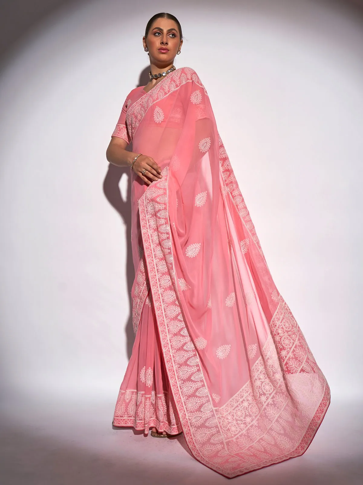 Women Party Wear Embroidery Worked Saree with Un Stitched Blouse