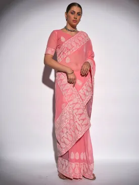 Women Party Wear Embroidery Worked Saree with Un Stitched Blouse