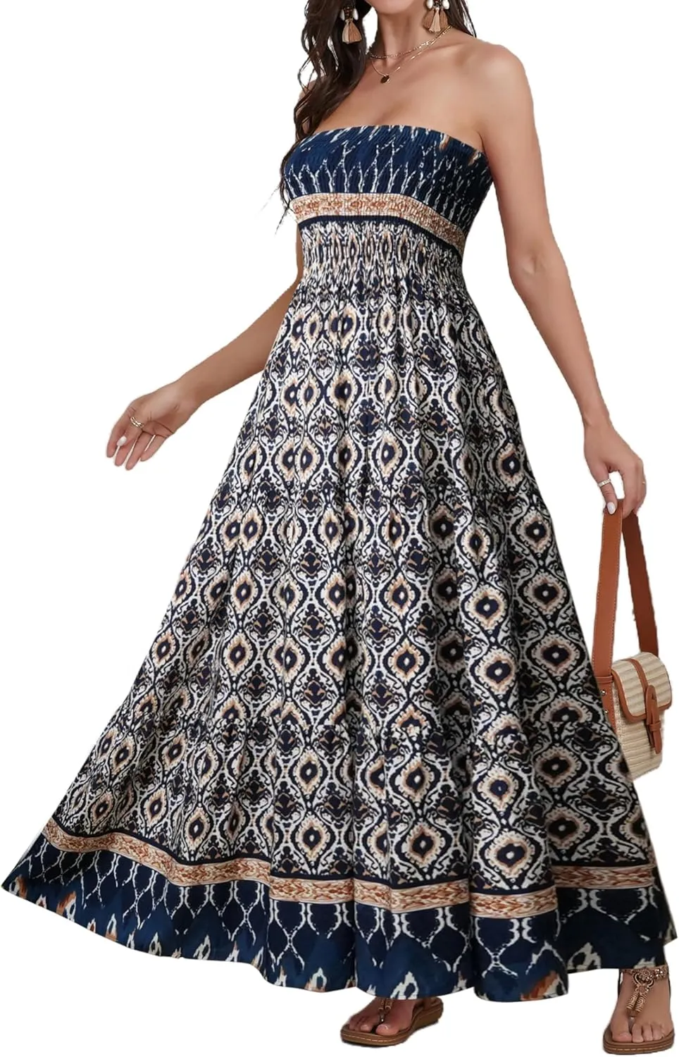 Women Strapless A Line Maxi Dress Tube Top Backless Casual Summer Dress