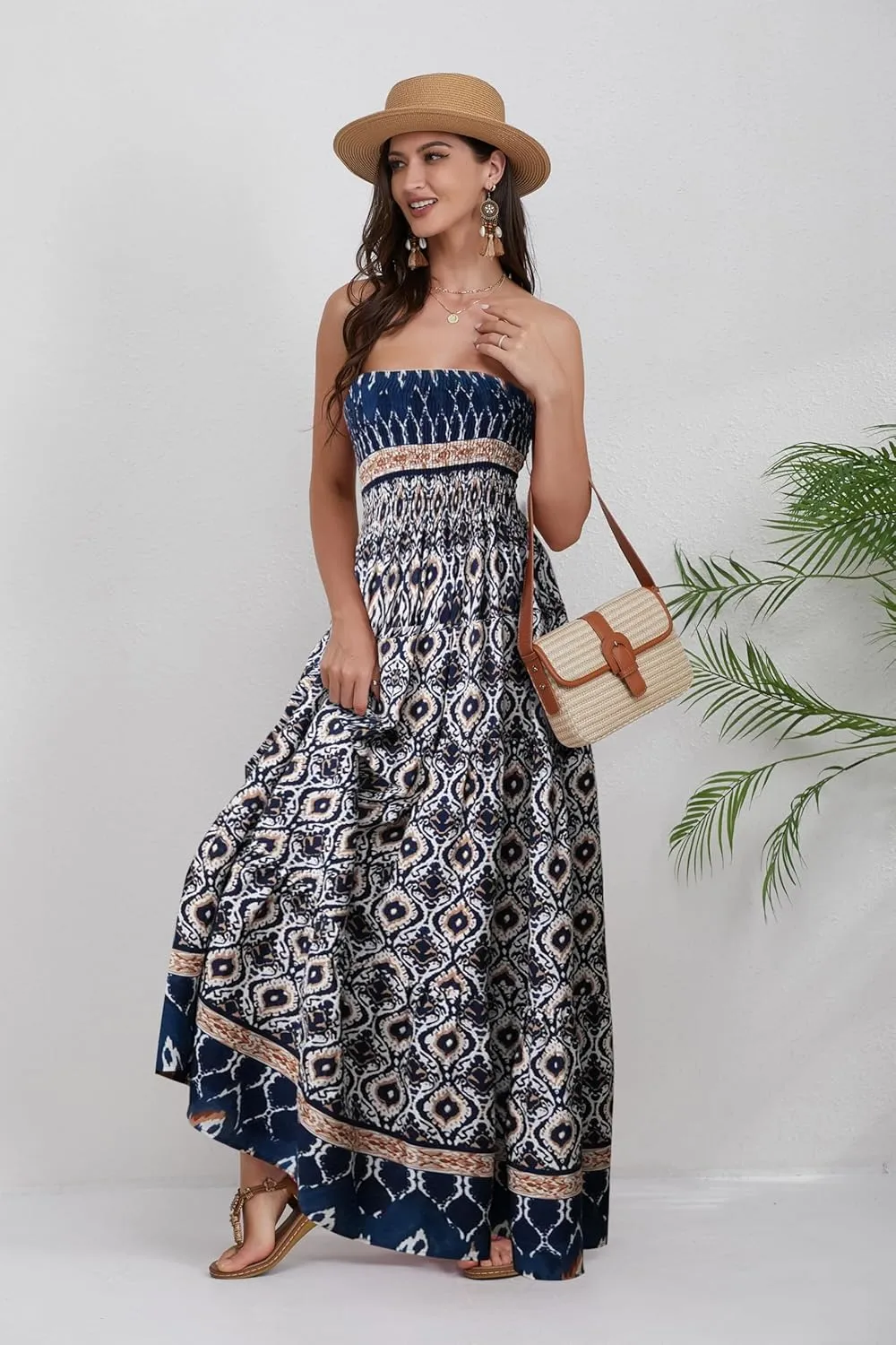 Women Strapless A Line Maxi Dress Tube Top Backless Casual Summer Dress