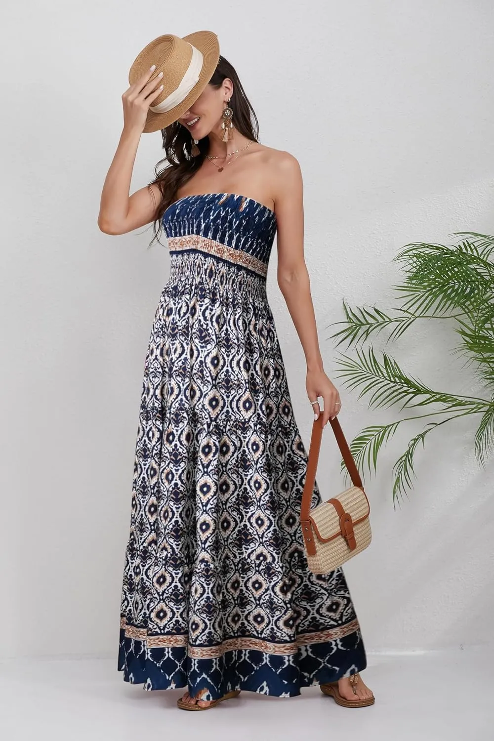 Women Strapless A Line Maxi Dress Tube Top Backless Casual Summer Dress