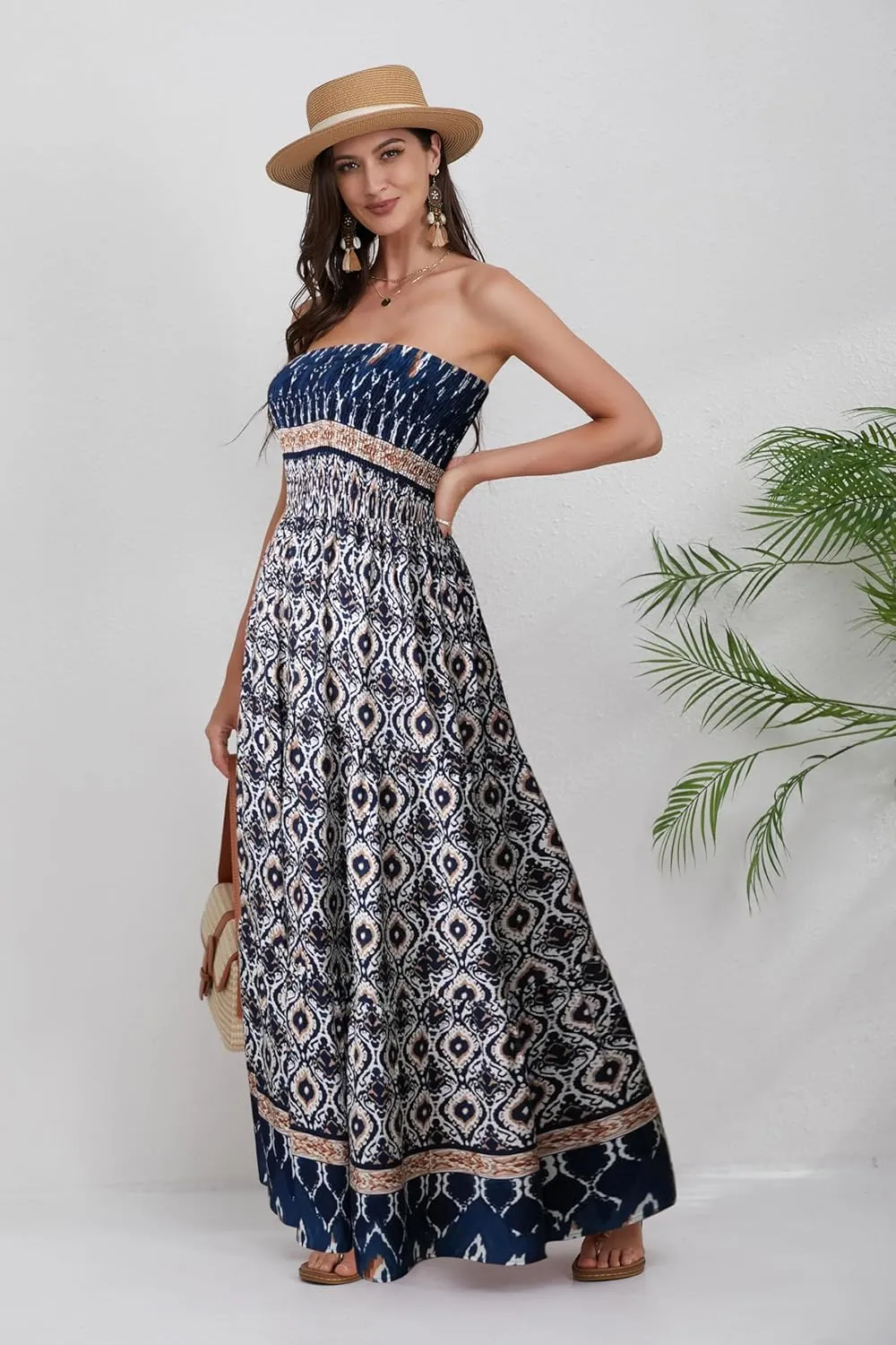 Women Strapless A Line Maxi Dress Tube Top Backless Casual Summer Dress
