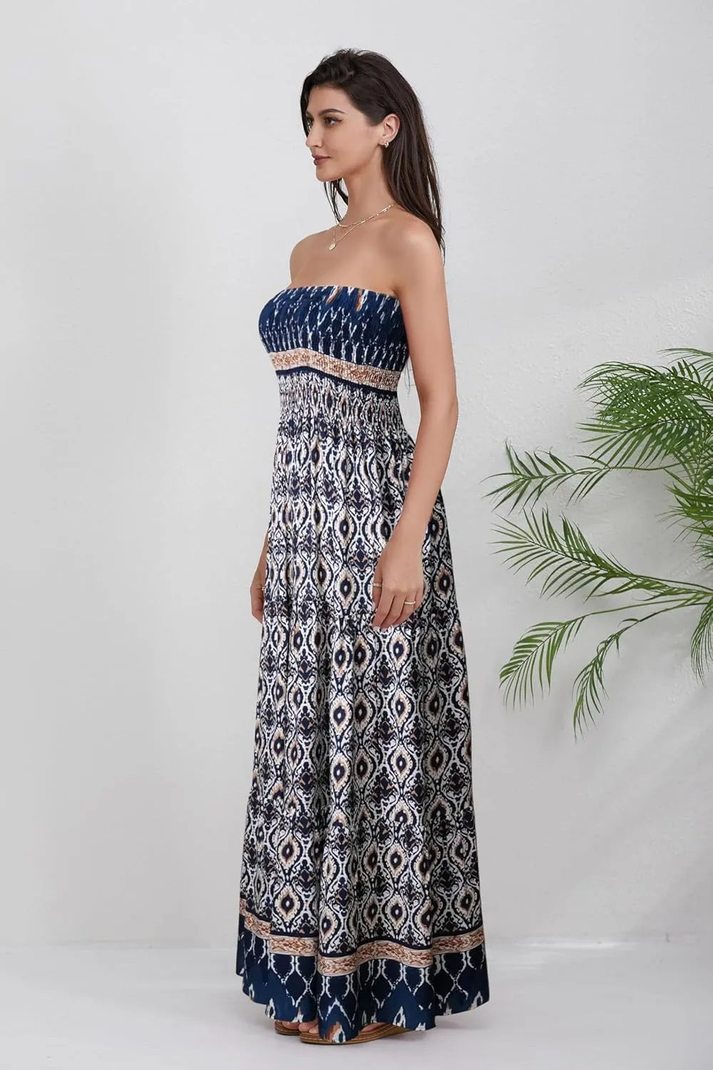 Women Strapless A Line Maxi Dress Tube Top Backless Casual Summer Dress