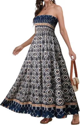 Women Strapless A Line Maxi Dress Tube Top Backless Casual Summer Dress