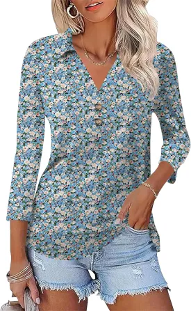 Womens 3/4 Sleeve V Neck T Shirt Floral Collared Button Down Shirts for Women S-XXL