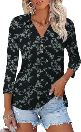 Womens 3/4 Sleeve V Neck T Shirt Floral Collared Button Down Shirts for Women S-XXL