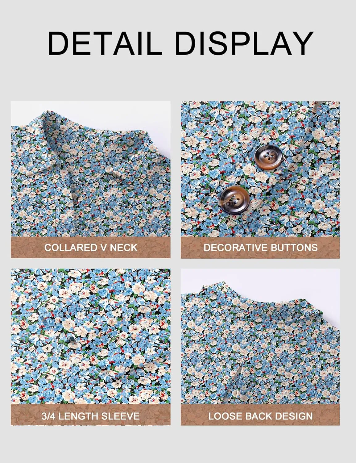 Womens 3/4 Sleeve V Neck T Shirt Floral Collared Button Down Shirts for Women S-XXL