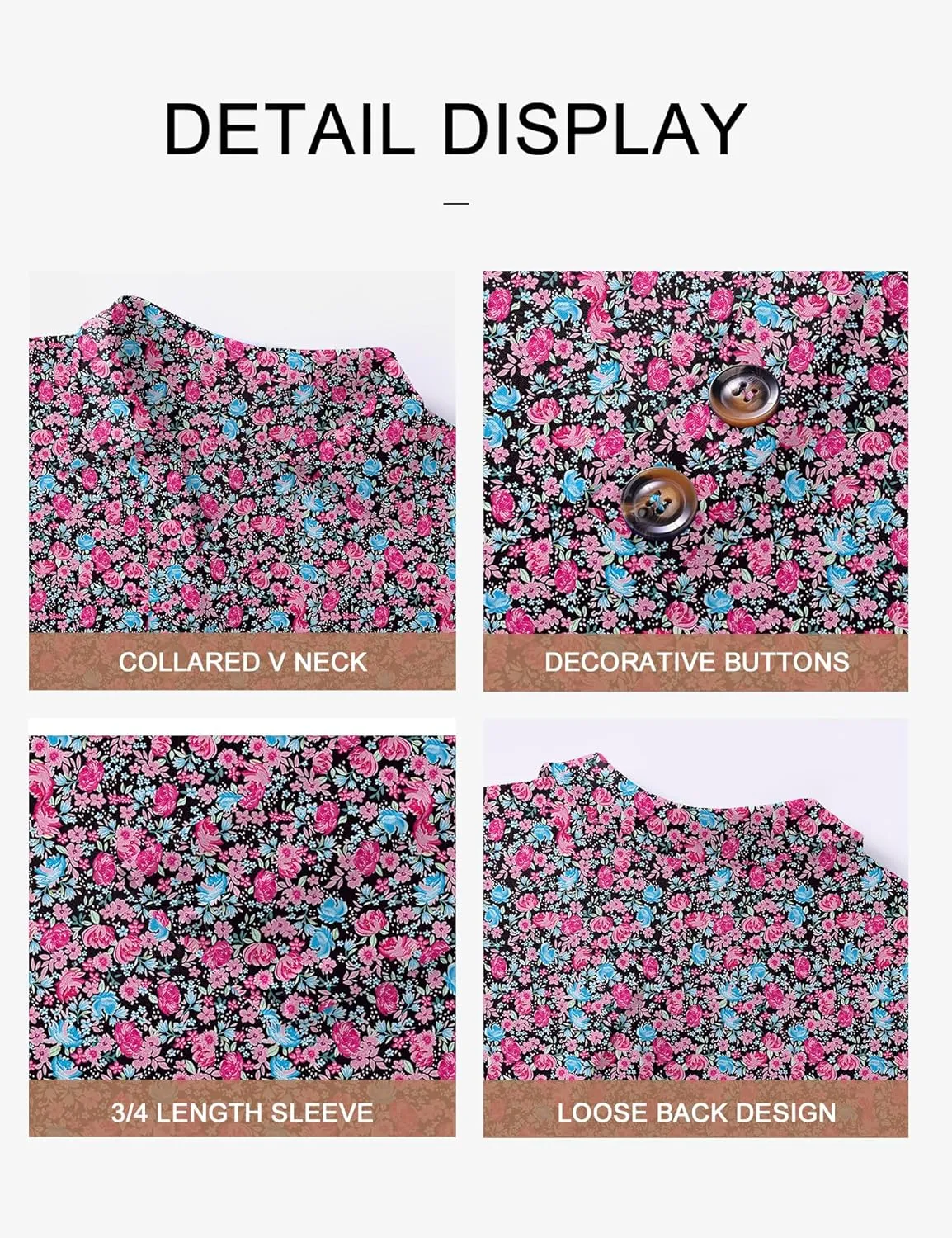 Womens 3/4 Sleeve V Neck T Shirt Floral Collared Button Down Shirts for Women S-XXL
