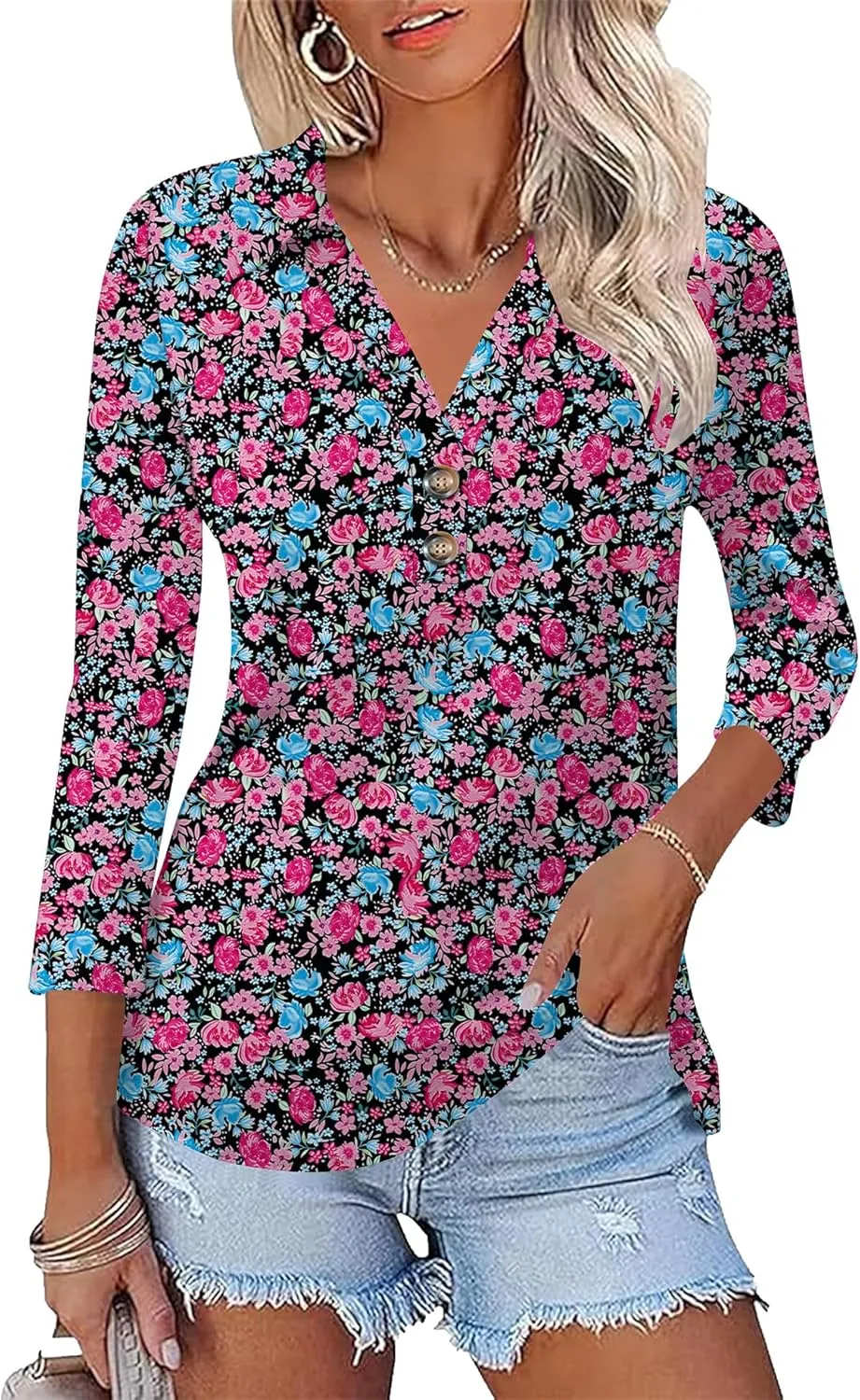 Womens 3/4 Sleeve V Neck T Shirt Floral Collared Button Down Shirts for Women S-XXL