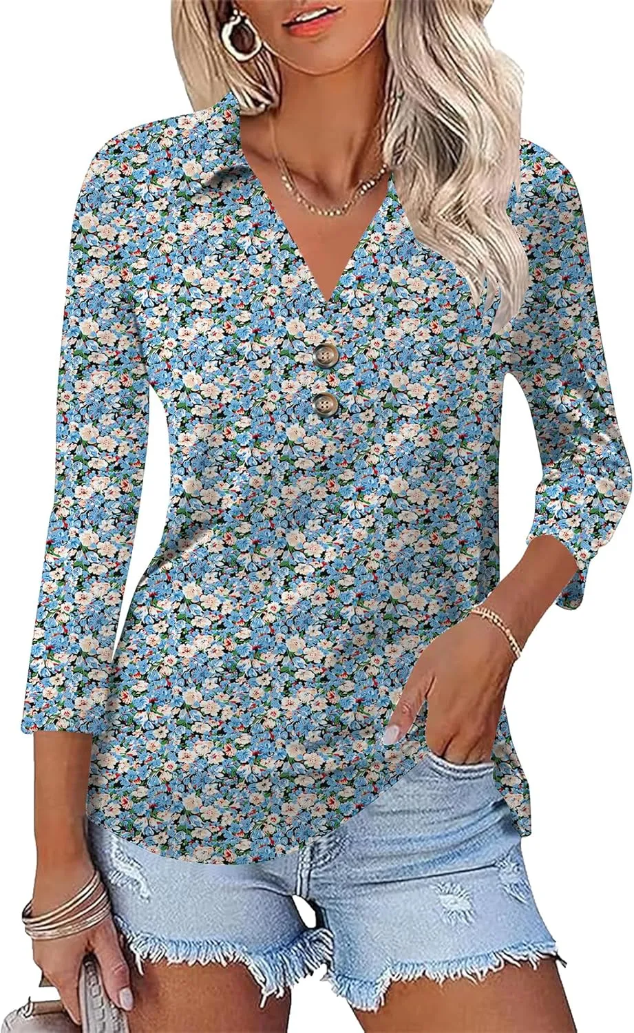 Womens 3/4 Sleeve V Neck T Shirt Floral Collared Button Down Shirts for Women S-XXL