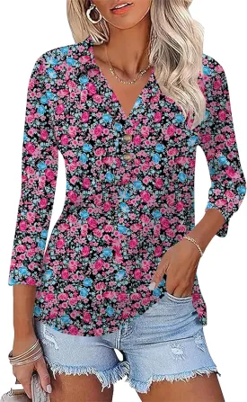Womens 3/4 Sleeve V Neck T Shirt Floral Collared Button Down Shirts for Women S-XXL