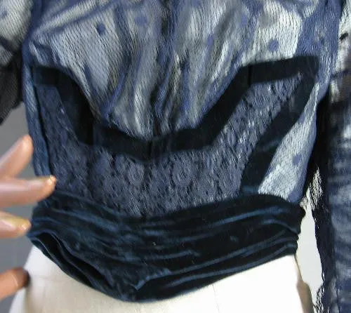 Women's Antique Bodice Vintage Edwardian 1900s Velvet Lace Net Formal Extra Small to Small VFG