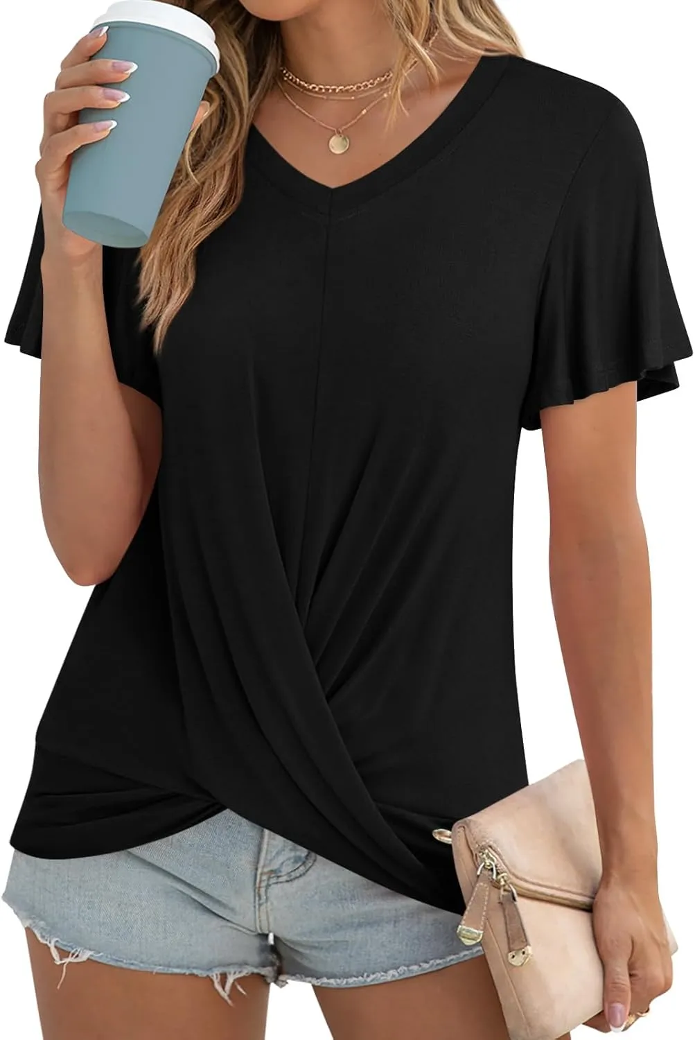 Womens Casual Summer Tunic Tops Short Sleeve Blouse Front Twist V-neck Tee Shirt