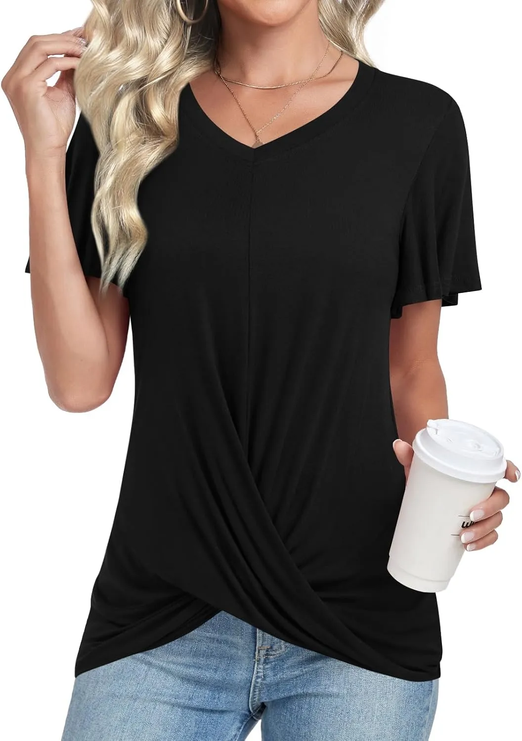Womens Casual Summer Tunic Tops Short Sleeve Blouse Front Twist V-neck Tee Shirt